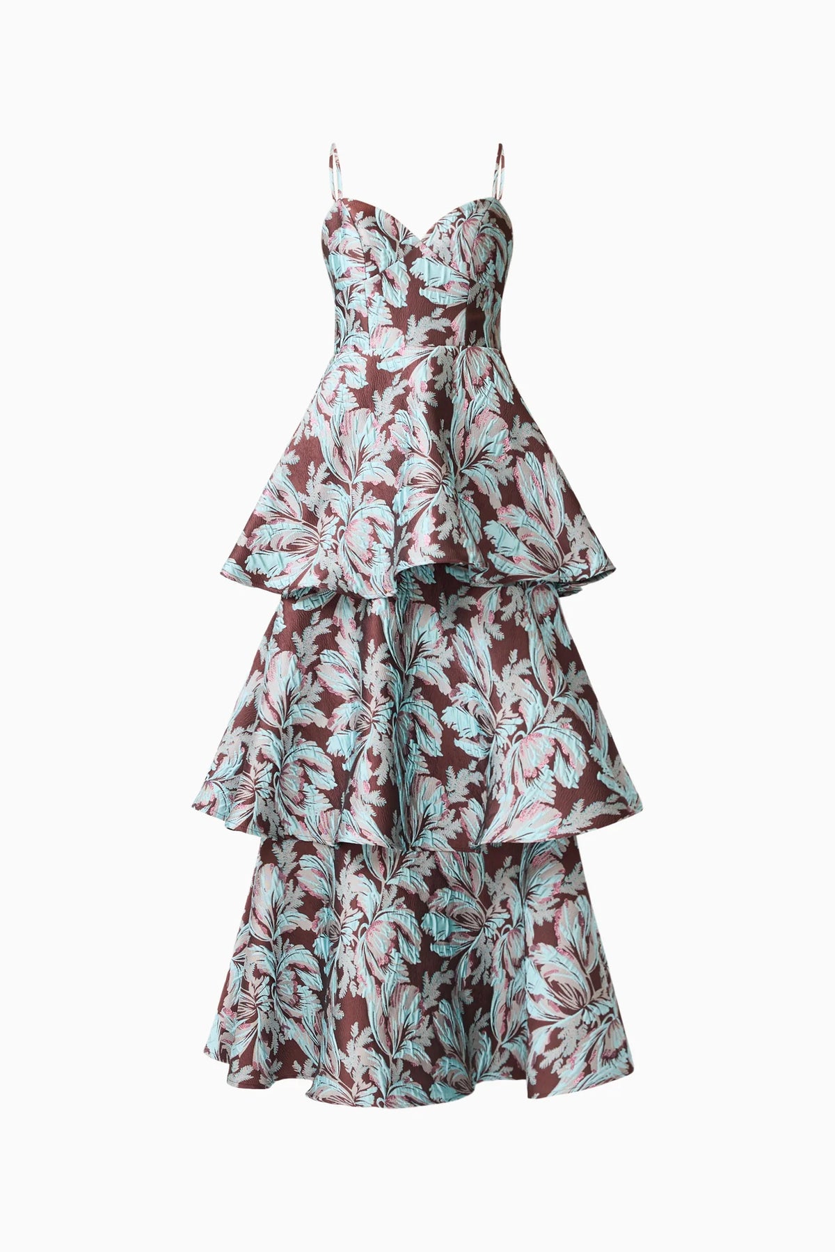 Elliatt Bloomia Tiered Gown in Brown & Blue Floral