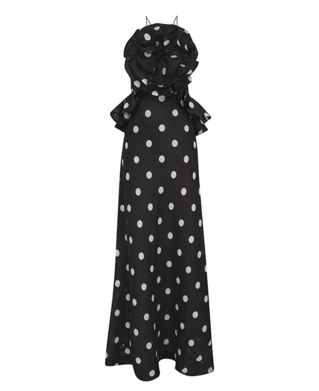 Zimmermann Crush Ruffle Halter Maxi Dress in Black/Cream Dot