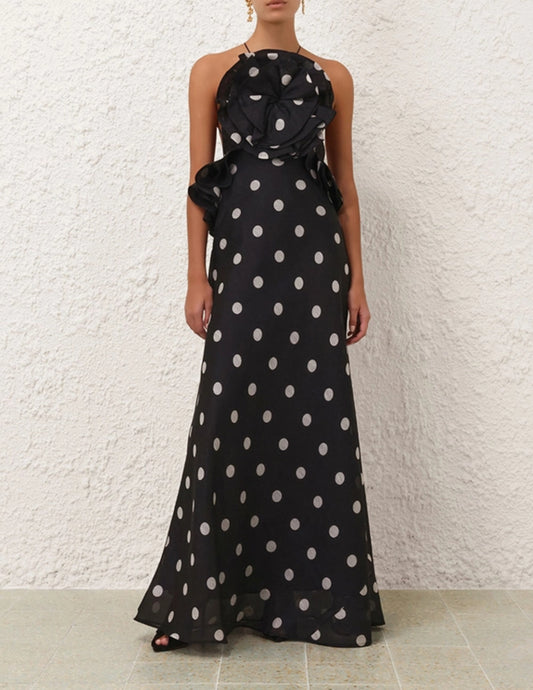 Zimmermann Crush Ruffle Halter Maxi Dress in Black/Cream Dot