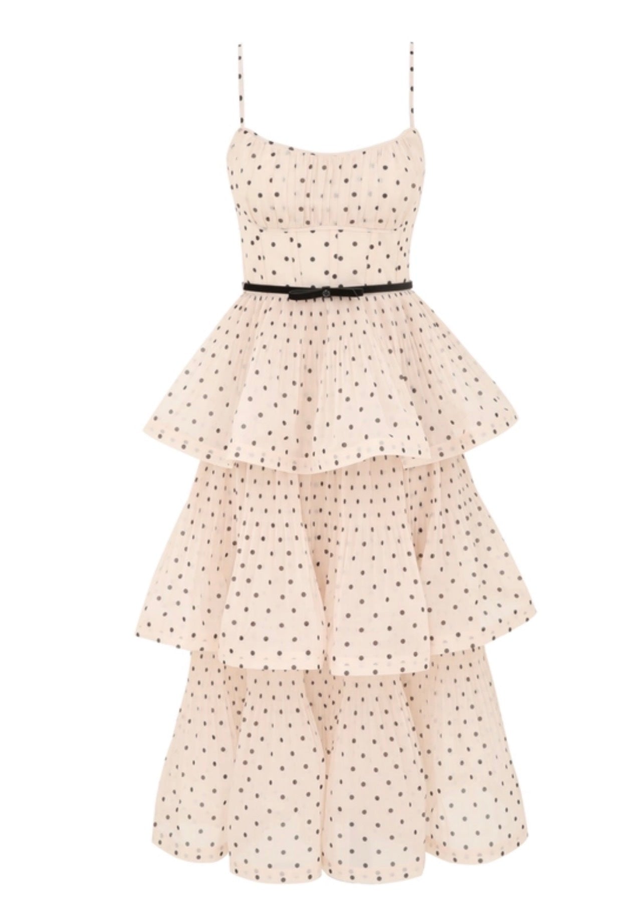 Pleated Tiered Midi Dress in Cream/Black Polka Dot