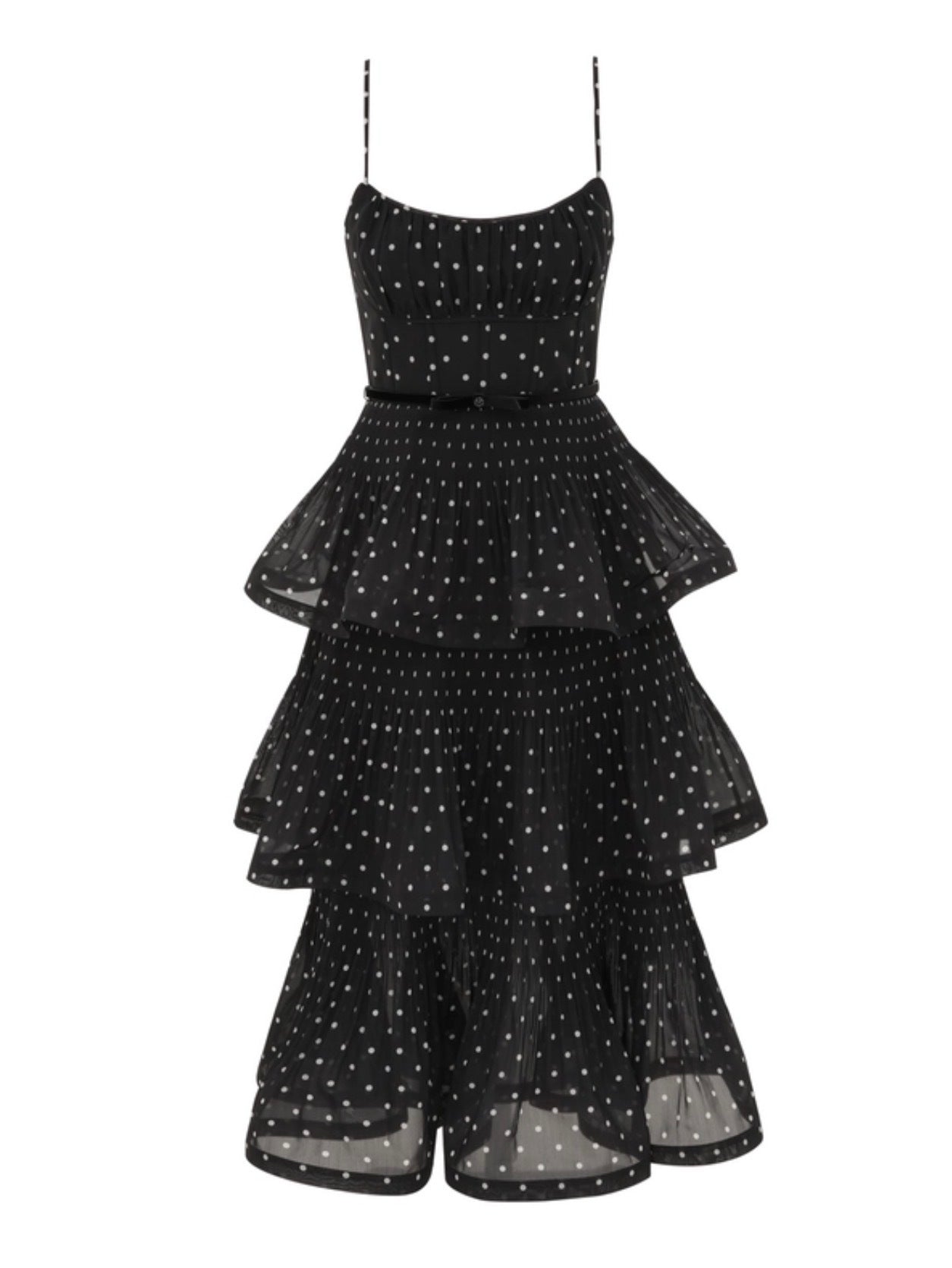 Zimmermann Pleated Tiered Midi Dress in Black/Cream Polka Dot