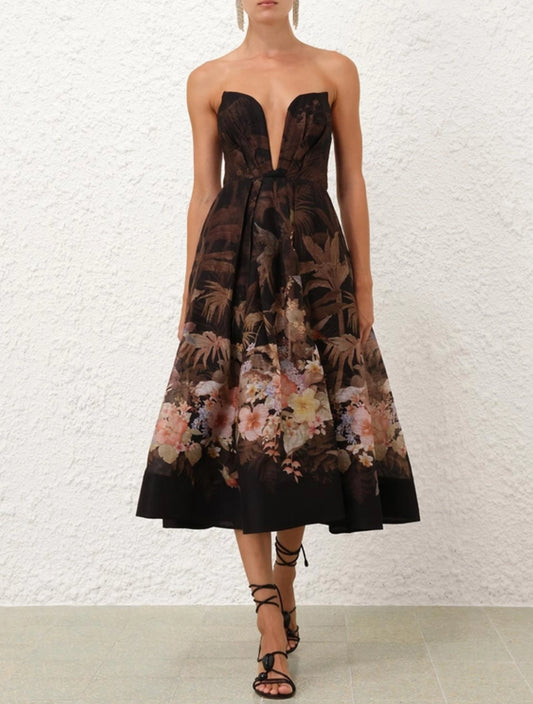 Zimmermann Illuminate Draped Midi Dress in Black Tropical