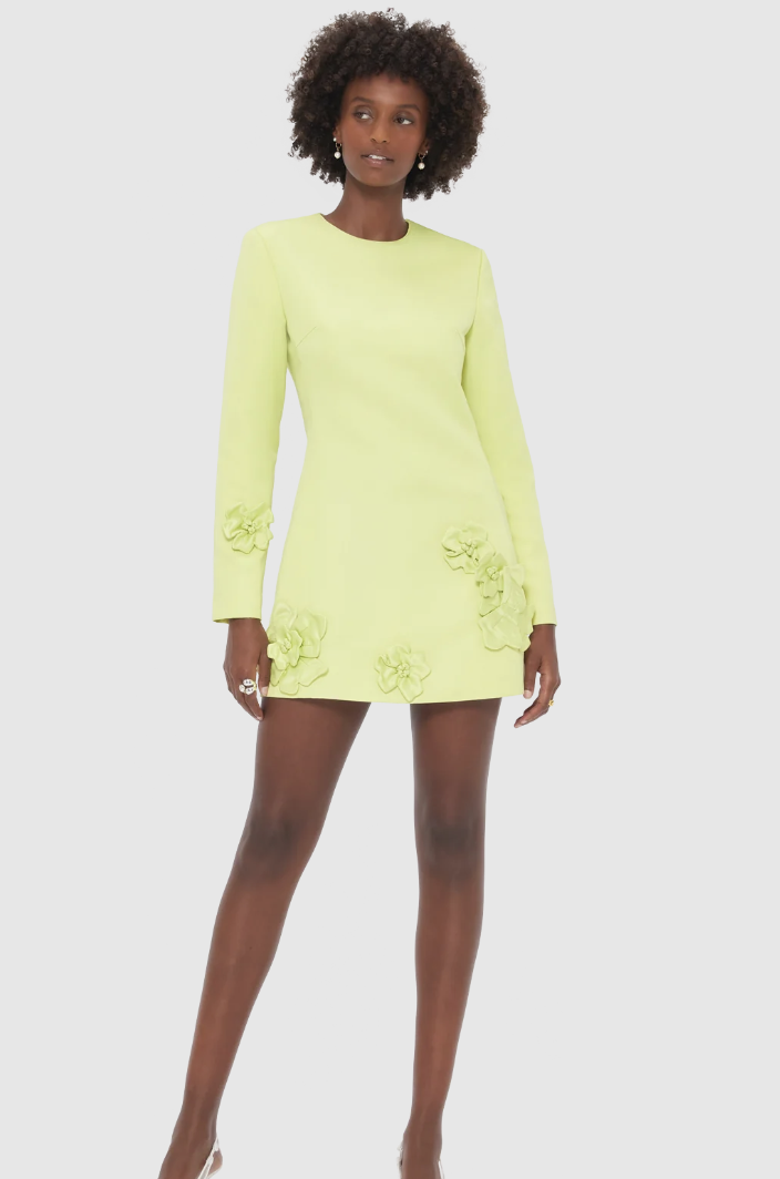 Leo Lin Aliza Long Sleeve Petal Mini Dress in Chartreuse Lizzie Lend Leo Lin Aliza Long Sleeve Petal Mini Dress in Chartreuse Lizzie Lend