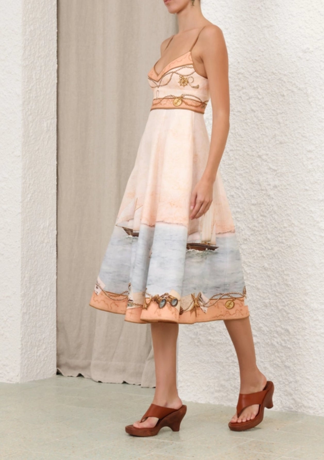 Zimmermann Scarborough Picnic Midi Dress in Peach Nautical Map
