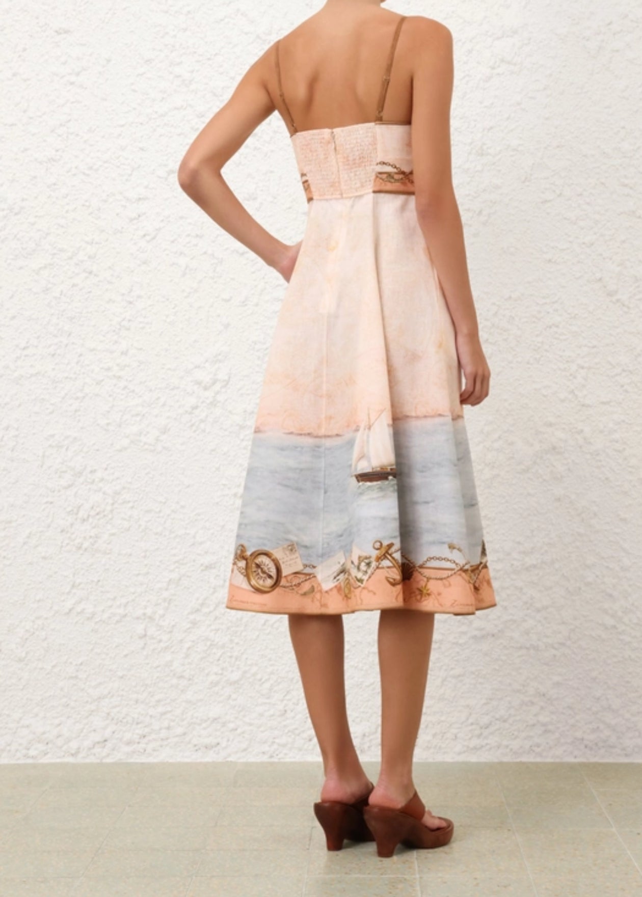 Zimmermann Scarborough Picnic Midi Dress in Peach Nautical Map