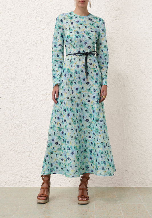 Zimmermann Lightburst Bias Long Dress in Aqua Floral