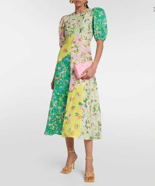 Alemais Kenzie patchwork linen midi dress