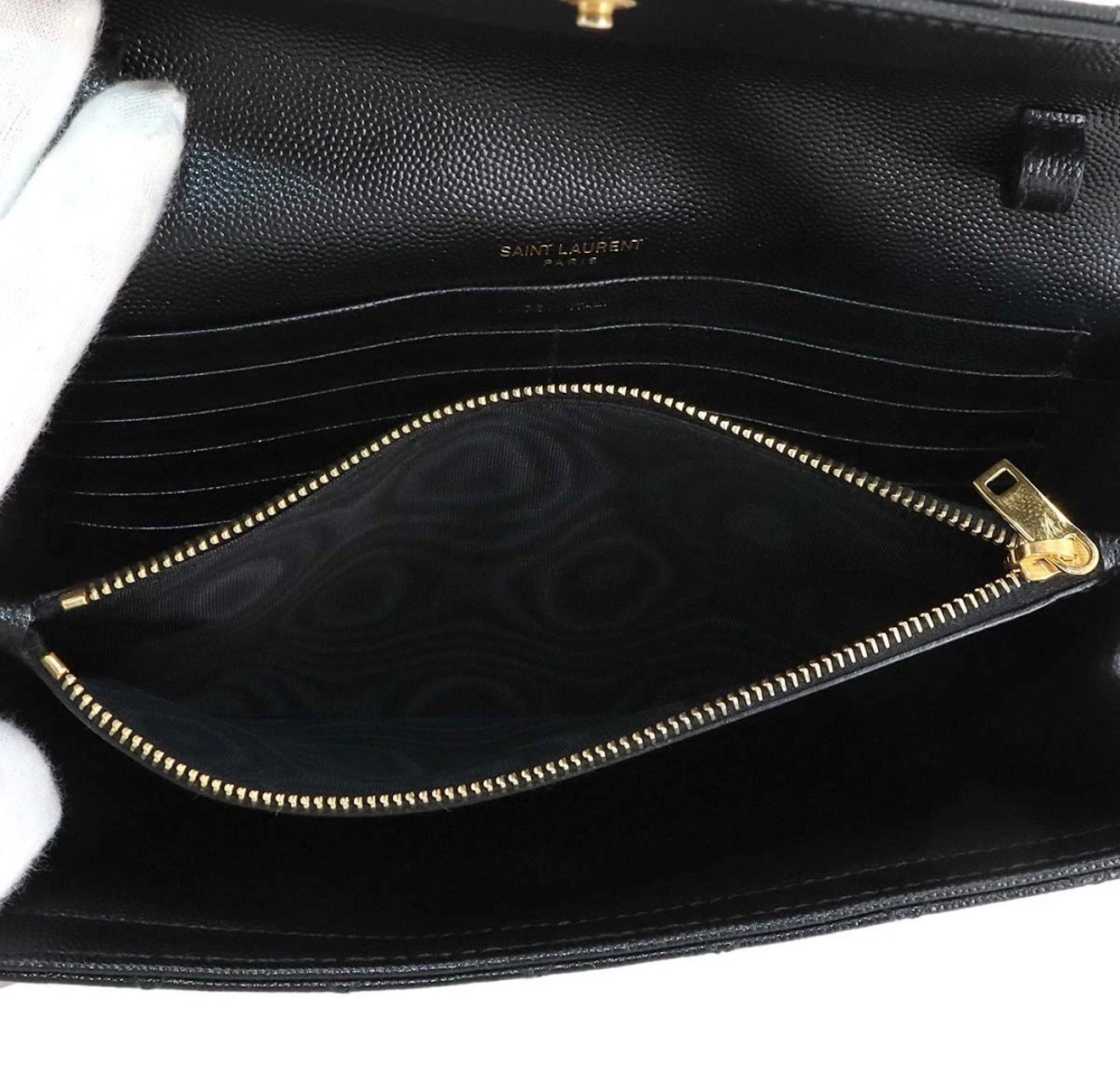 YSL Saint Laurent Classic Cassandre Chain Wallet in Grain de Poudre Leather Black with Gold Hardware