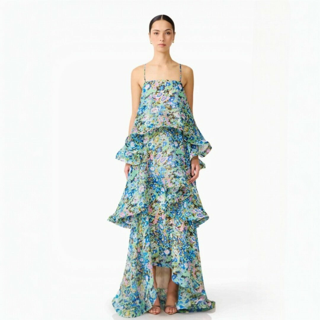 Elliatt Armani Tiered Maxi Dress In Blue Floral