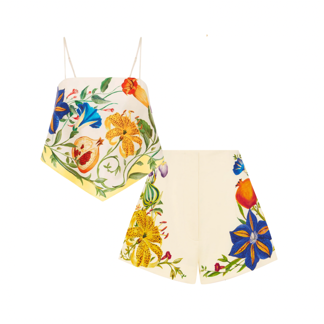Alemais Flores Scarf Top and High Waisted Shorts