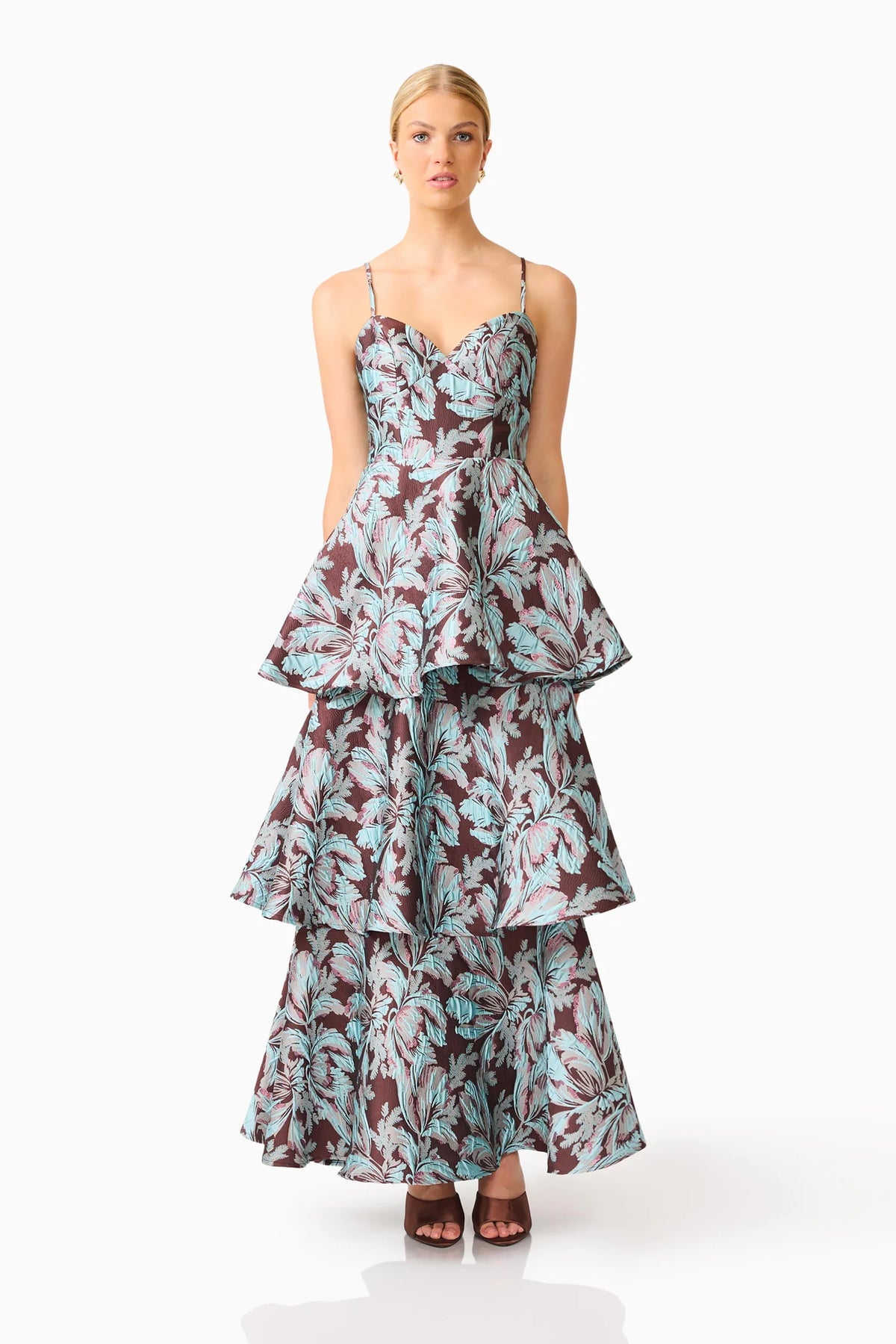 Elliatt Bloomia Tiered Gown in Brown & Blue Floral