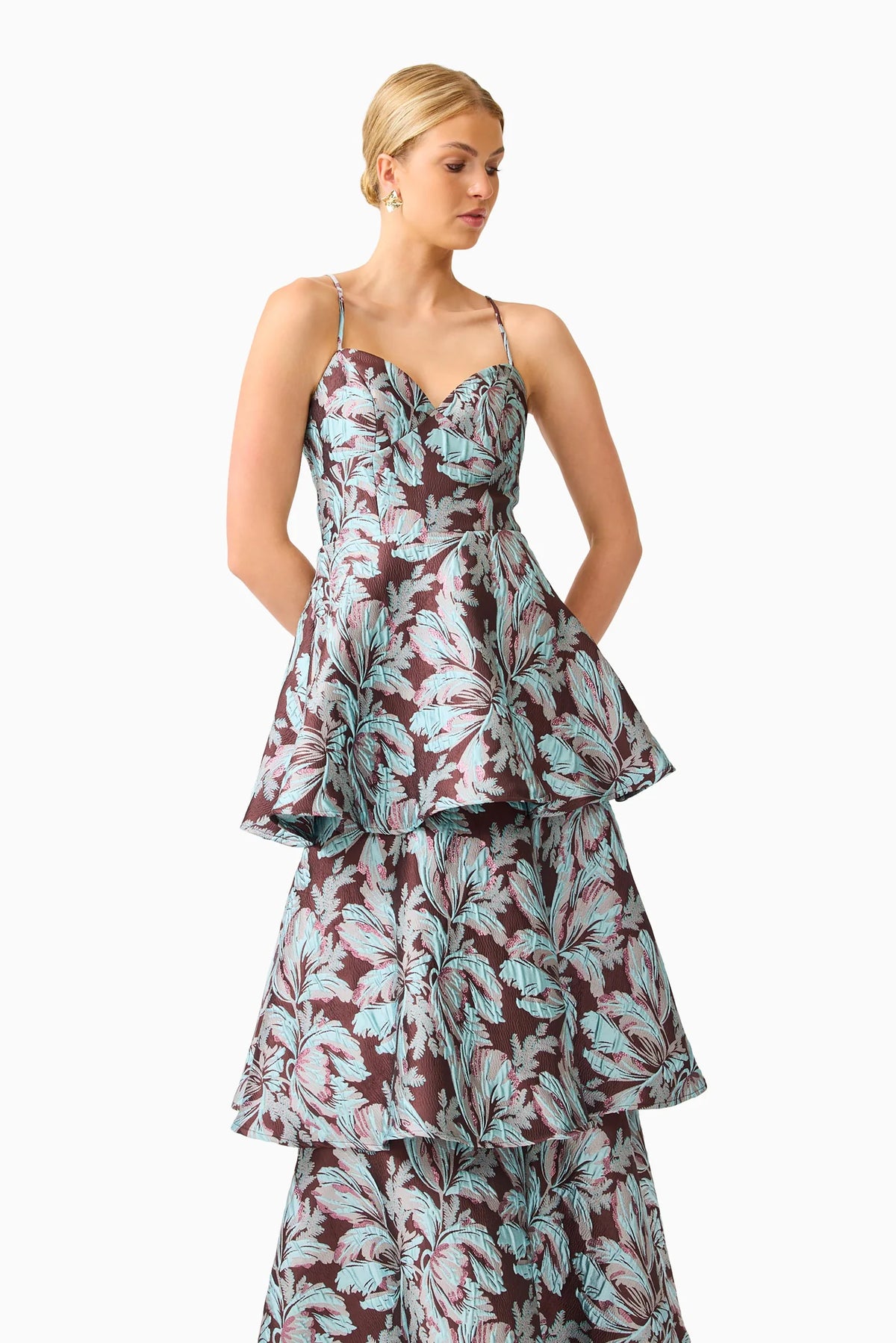 Elliatt Bloomia Tiered Gown in Brown & Blue Floral