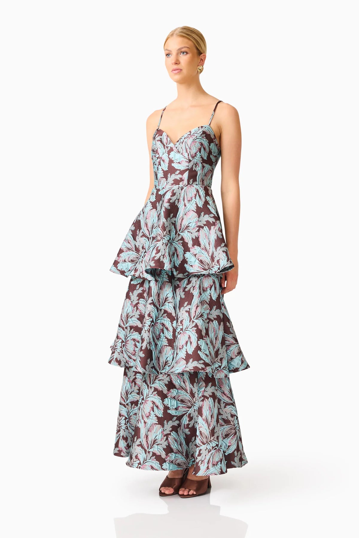 Elliatt Bloomia Tiered Gown in Brown & Blue Floral