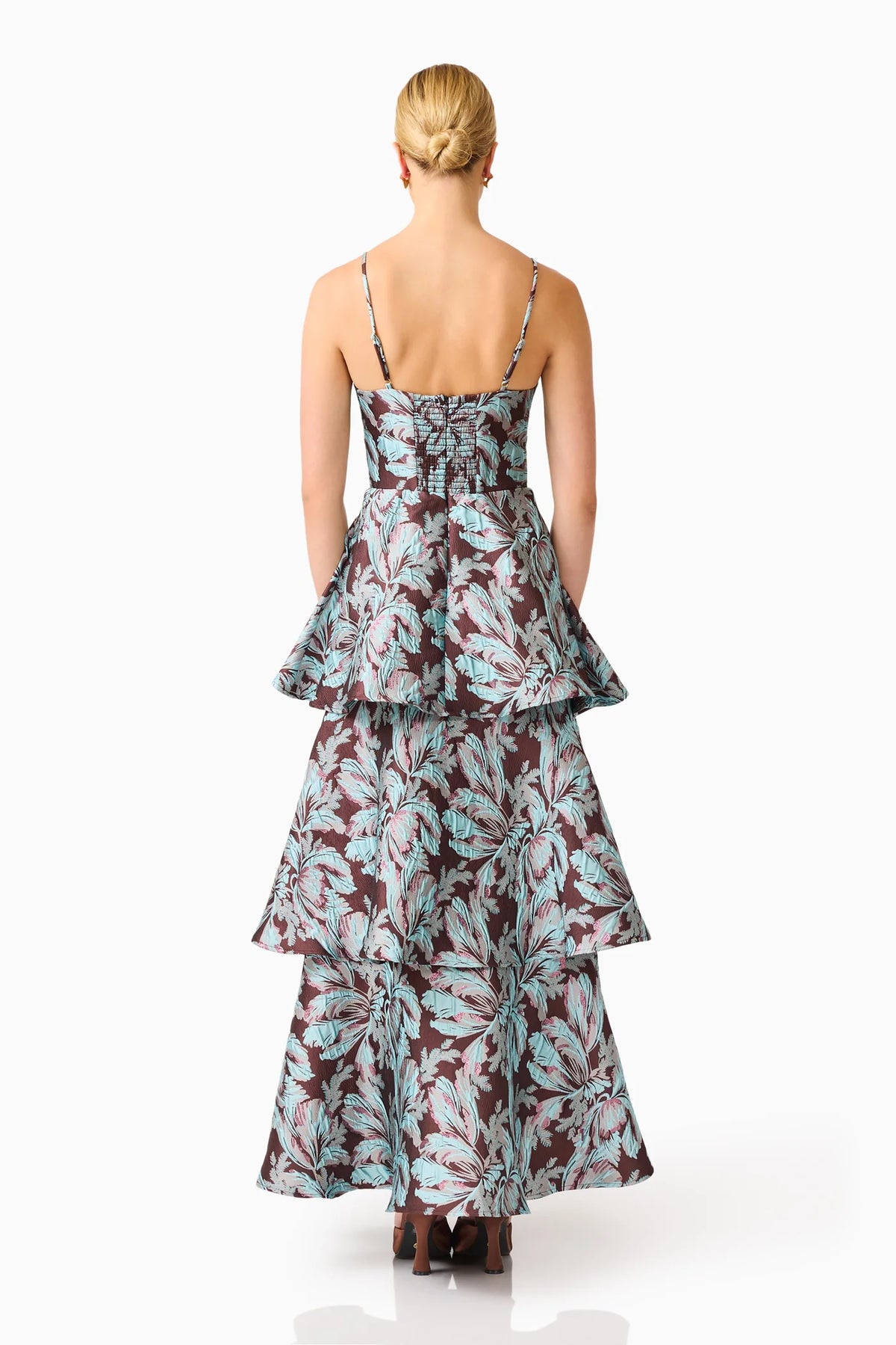 Elliatt Bloomia Tiered Gown in Brown & Blue Floral