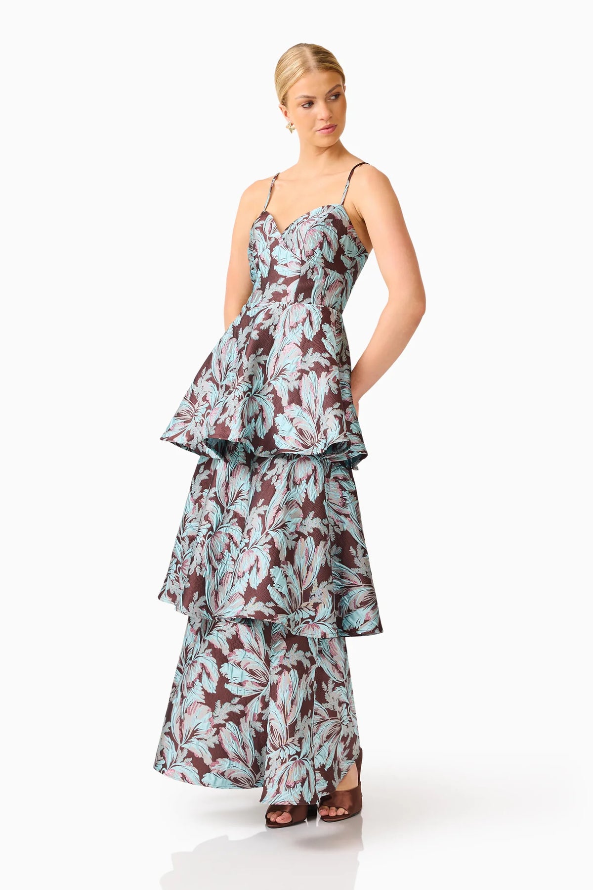 Elliatt Bloomia Tiered Gown in Brown & Blue Floral