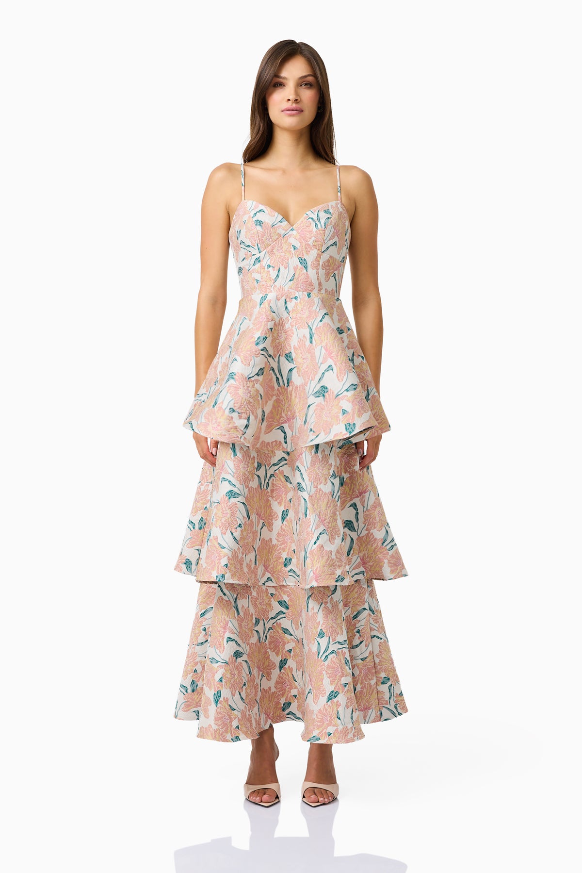 Elliatt Bloomia Tiered Gown in Peach and Green