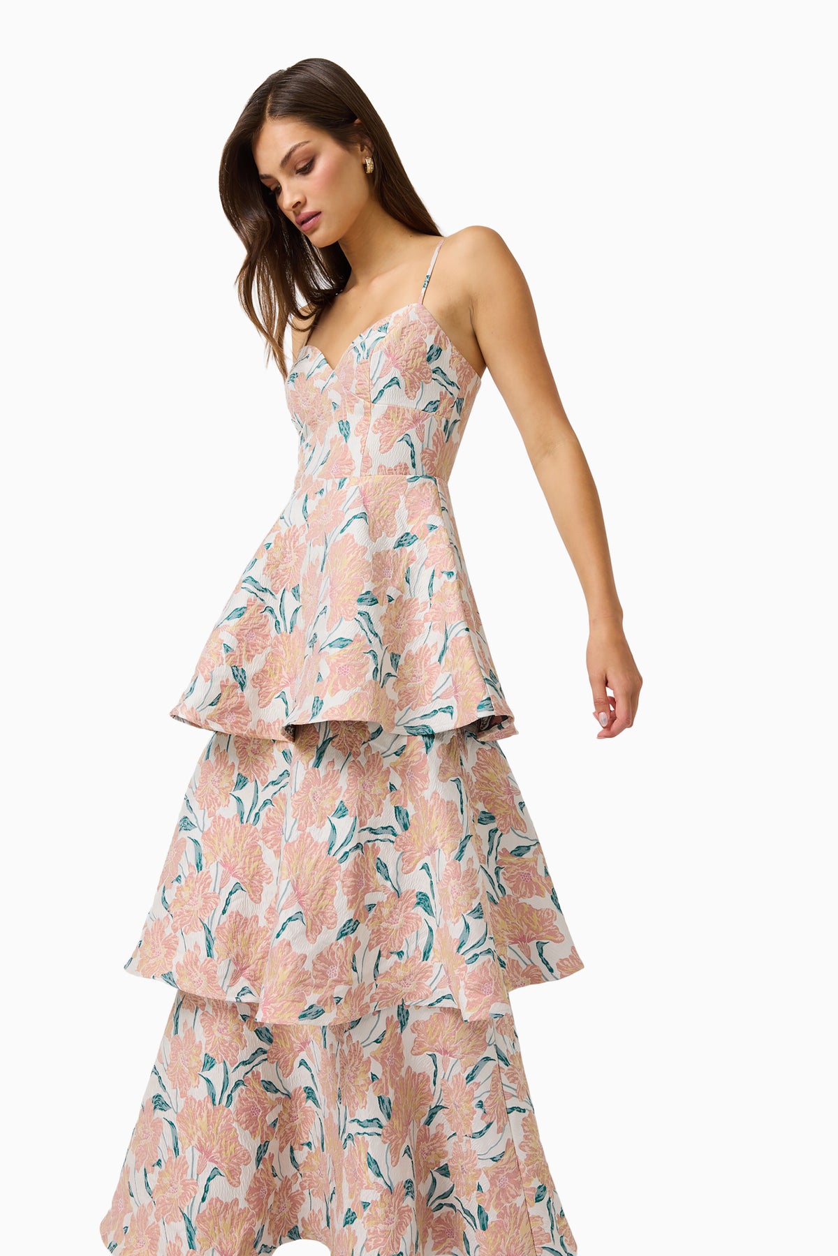 Elliatt Bloomia Tiered Gown in Peach and Green