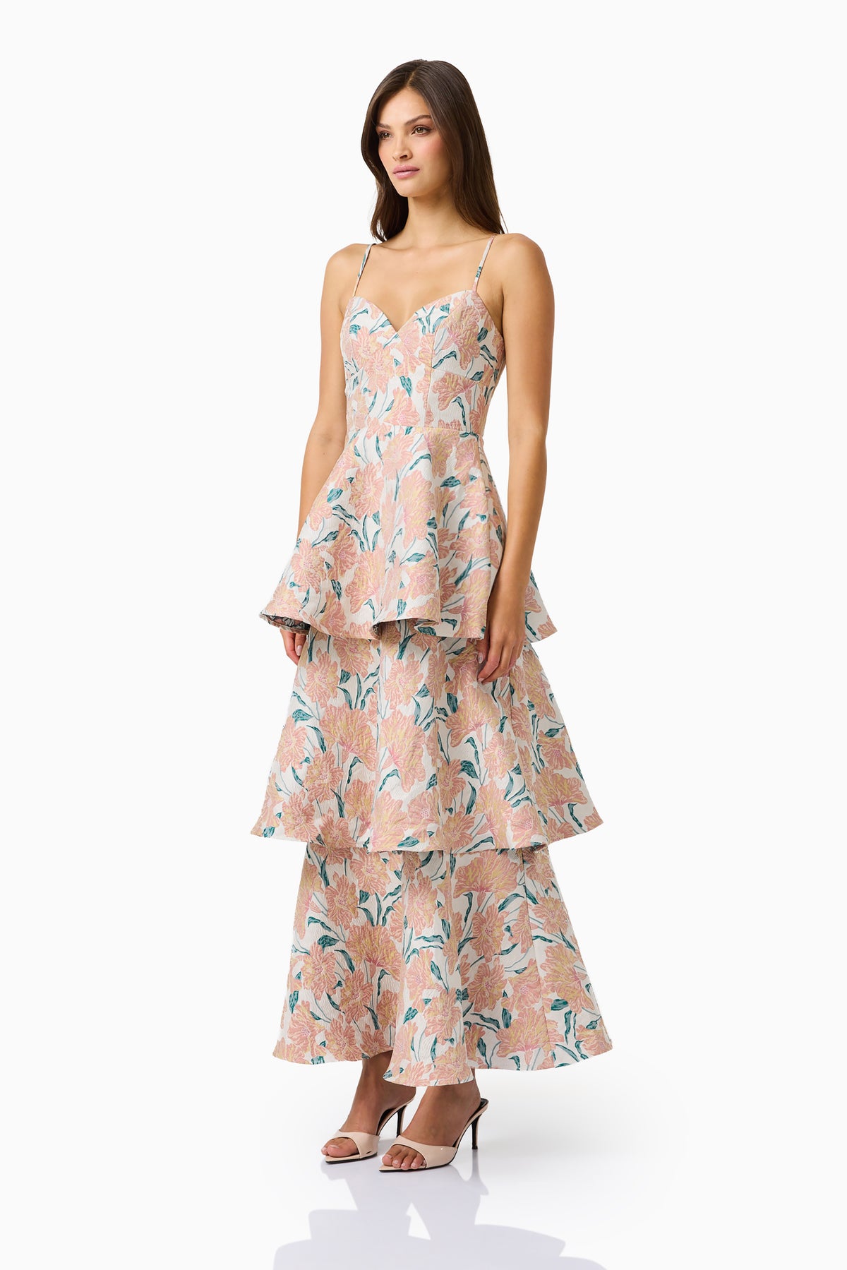 Elliatt Bloomia Tiered Gown in Peach and Green