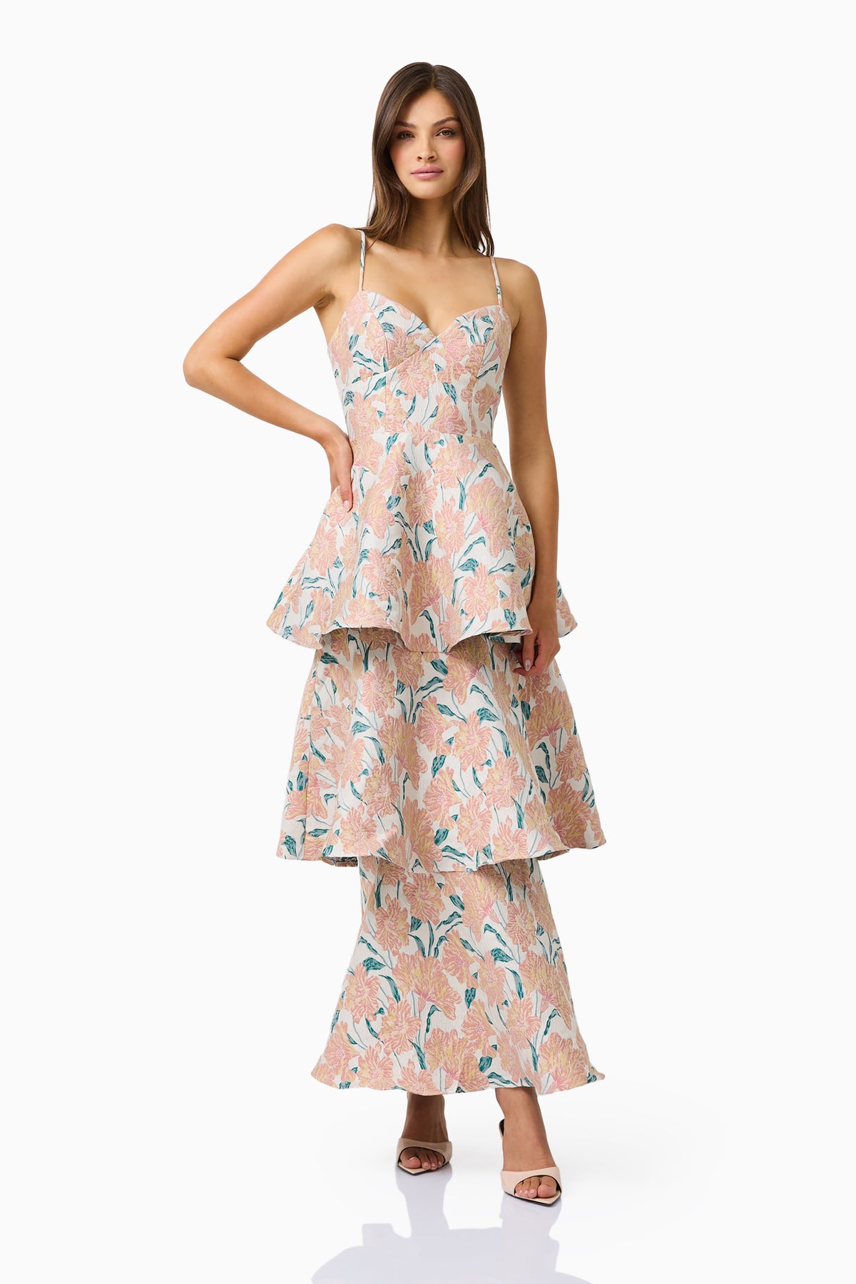 Elliatt Bloomia Tiered Gown in Peach and Green