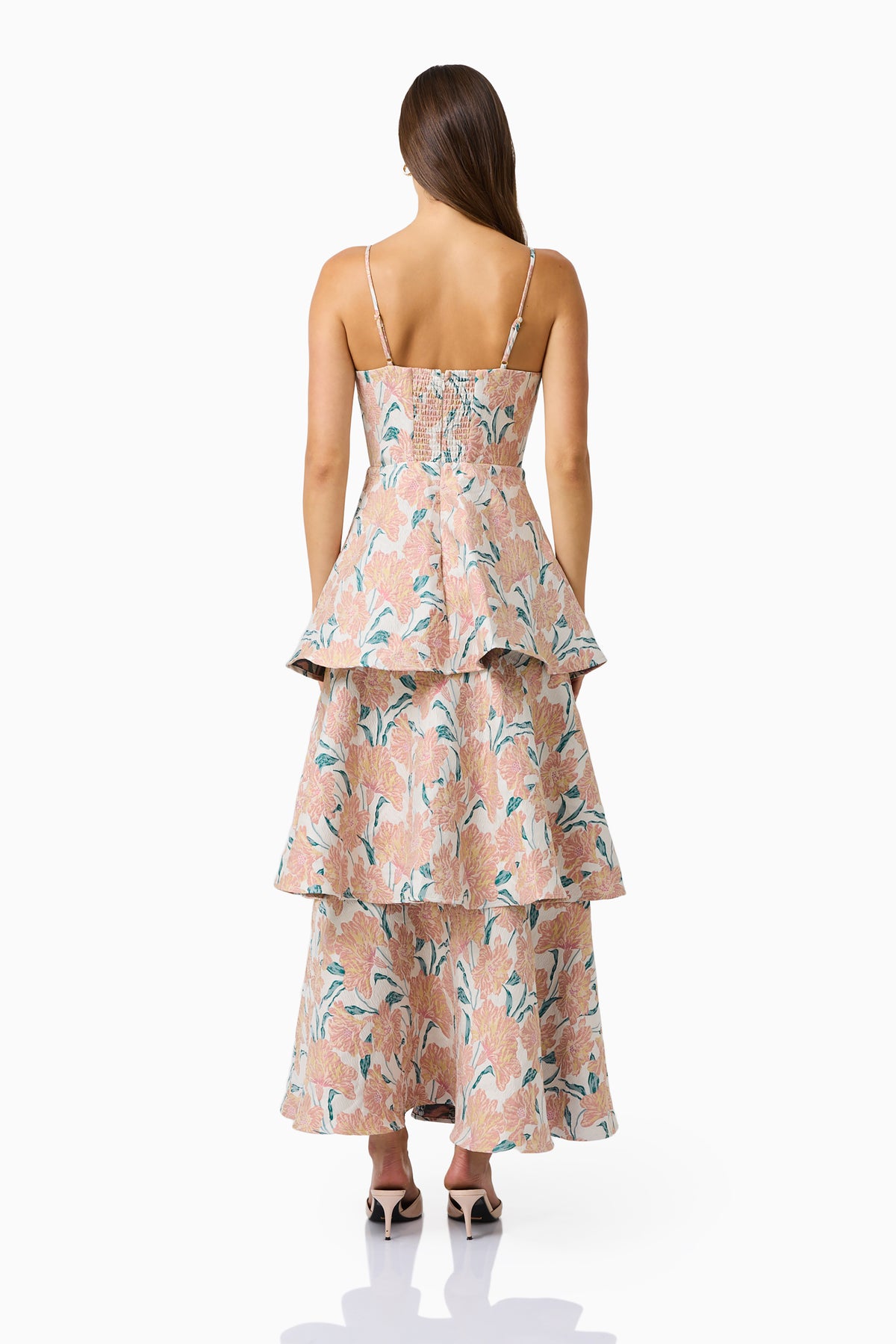 Elliatt Bloomia Tiered Gown in Peach and Green