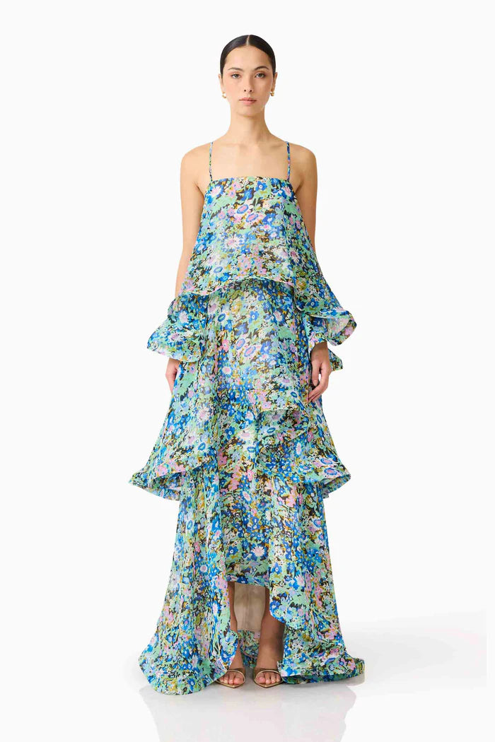 Elliatt Armani Tiered Maxi Dress In Blue Floral
