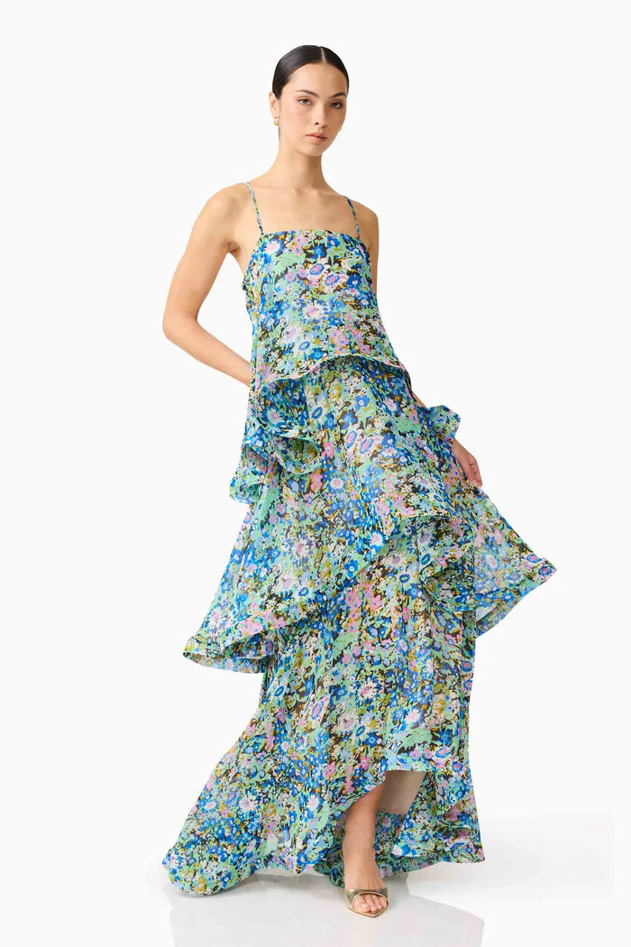Elliatt Armani Tiered Maxi Dress In Blue Floral