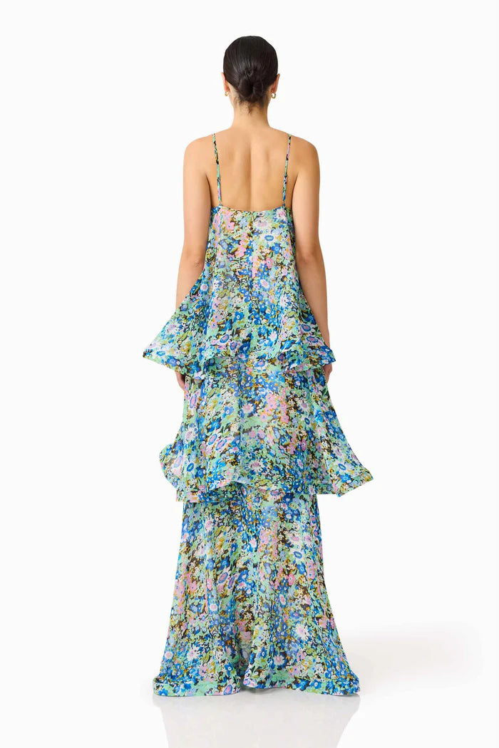 Elliatt Armani Tiered Maxi Dress In Blue Floral