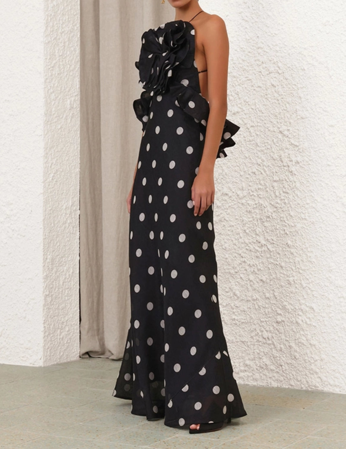 Zimmermann Crush Ruffle Halter Maxi Dress in Black/Cream Dot Lizzie Lend Zimmermann Crush Ruffle Halter Maxi Dress in Black/Cream Dot Lizzie Lend