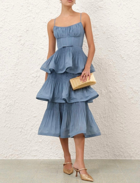 Zimmermann Pleated Tiered Midi Dress in Deep Blue