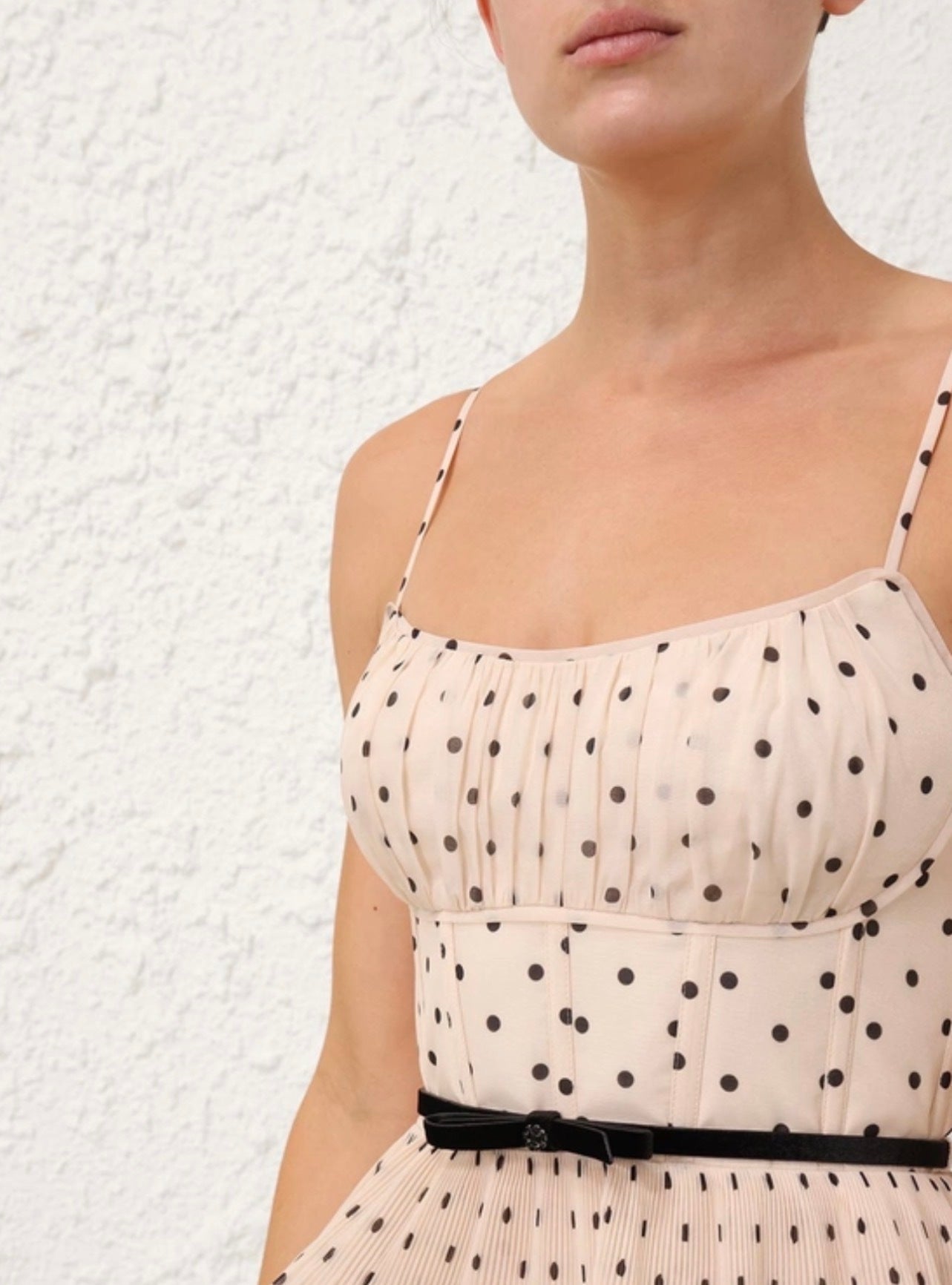 Pleated Tiered Midi Dress in Cream/Black Polka Dot