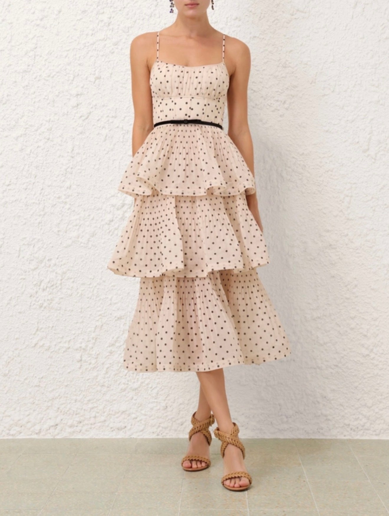 Pleated Tiered Midi Dress in Cream/Black Polka Dot