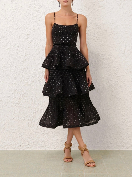 Zimmermann Pleated Tiered Midi Dress in Black/Cream Polka Dot