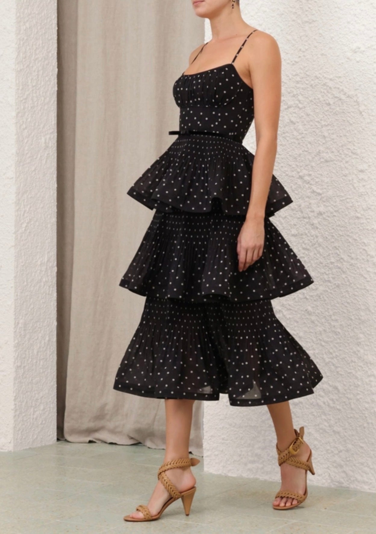 Zimmermann Pleated Tiered Midi Dress in Black/Cream Polka Dot