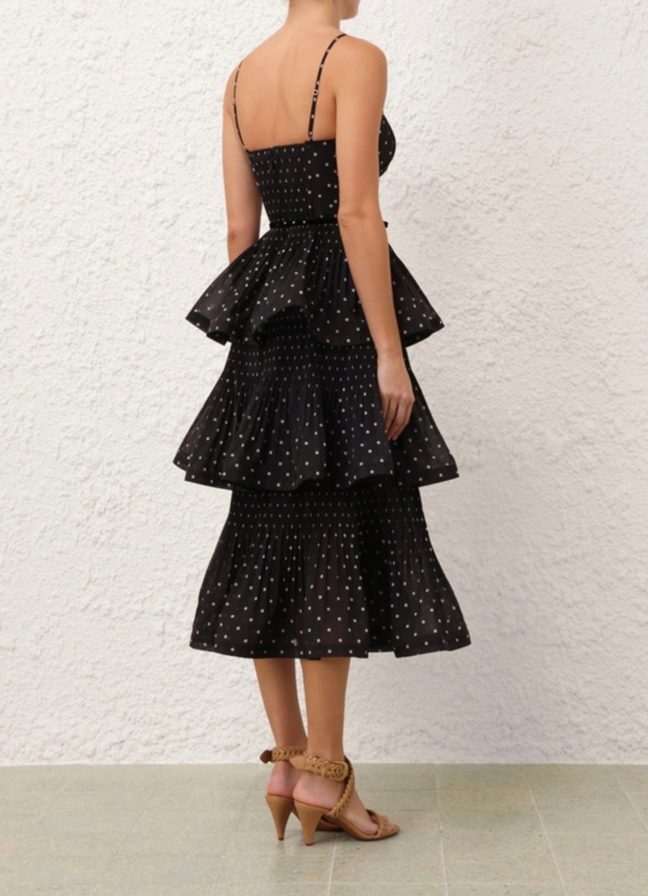 Zimmermann Pleated Tiered Midi Dress in Black/Cream Polka Dot
