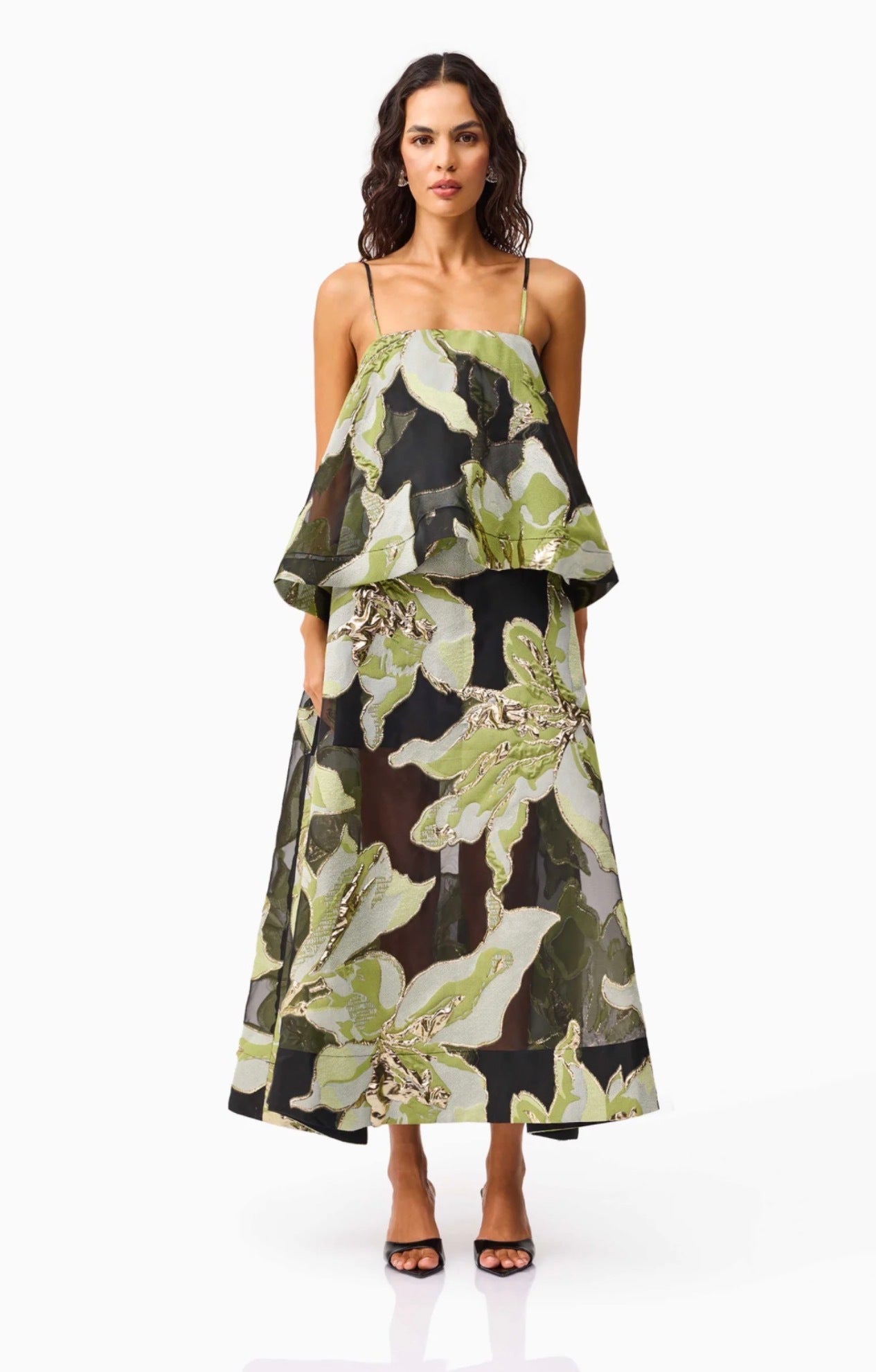 Elliatt Elysia Tiered Gown in Black & Green Floral