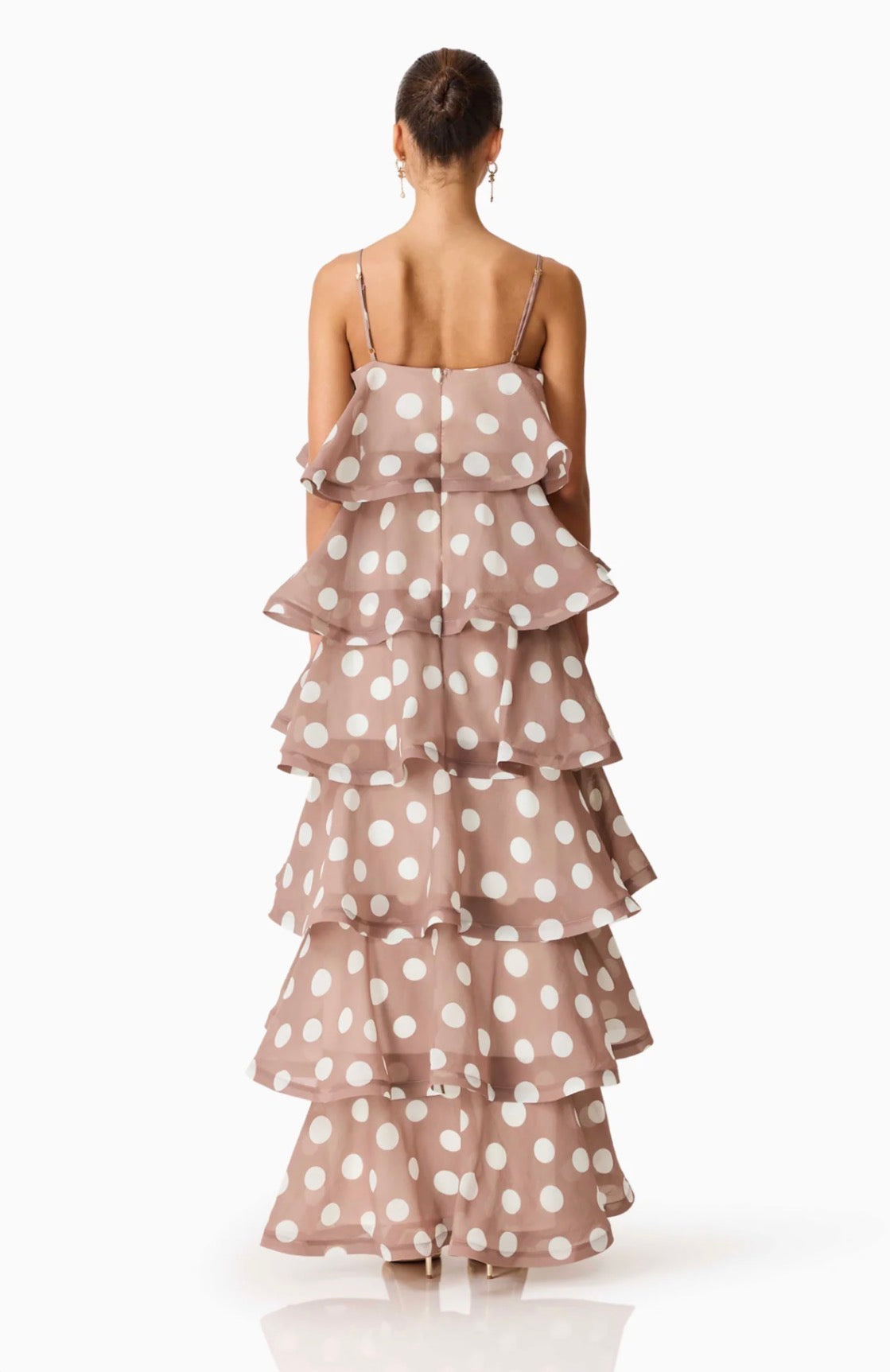 Sola Tiered Maxi Dress in Brown Polkadot