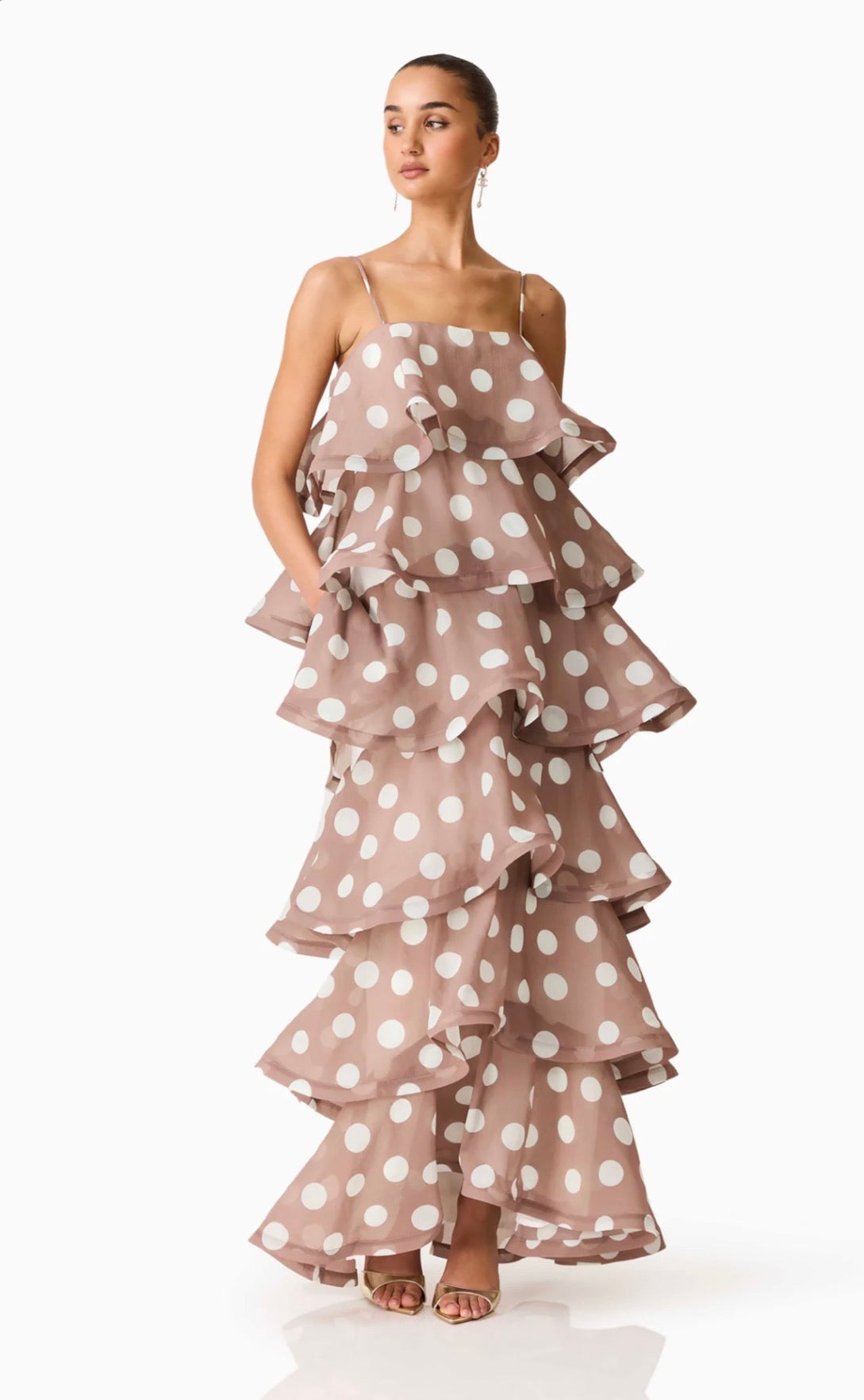 Sola Tiered Maxi Dress in Brown Polkadot