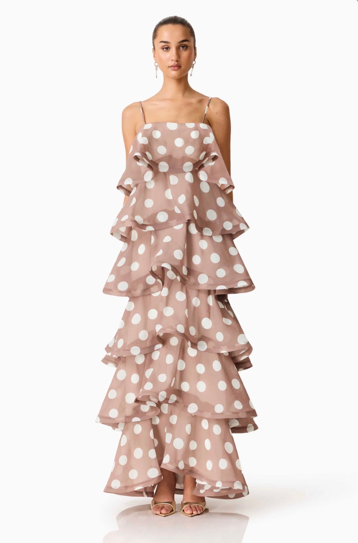 Sola Tiered Maxi Dress in Brown Polkadot