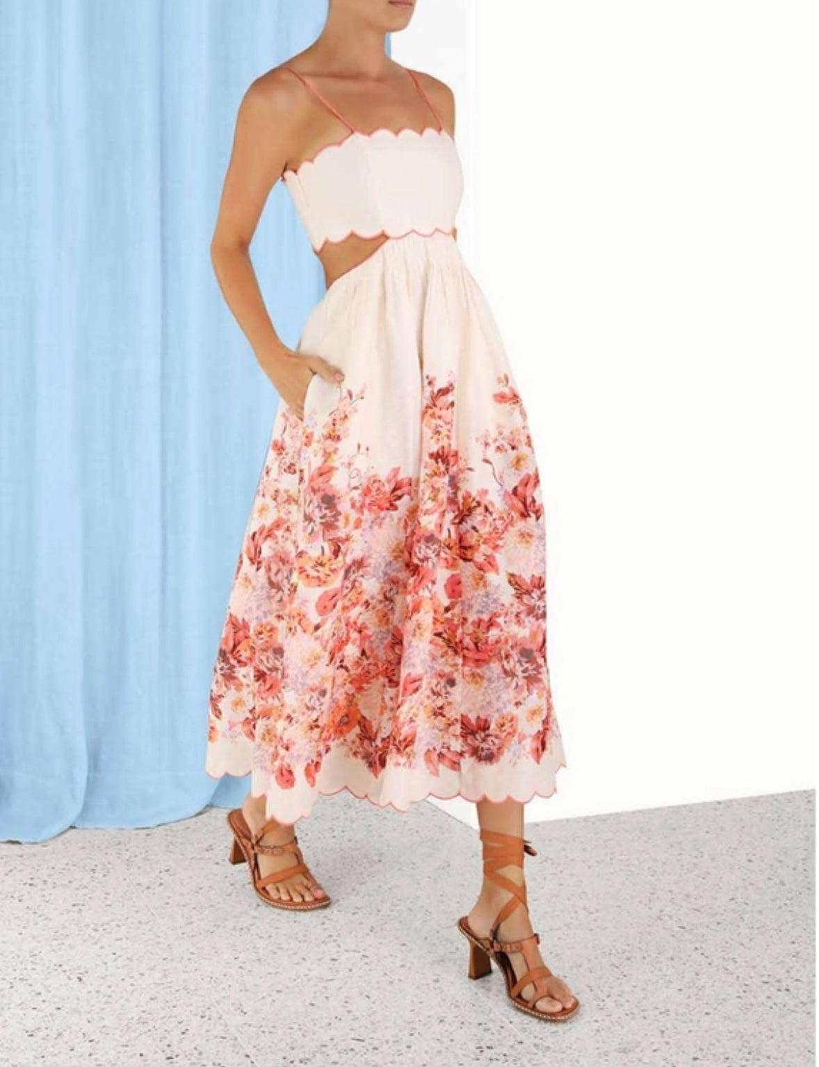 zimmermann devi scallop midi dress Zimmermann Devi Scallop Midi Dress Cream Floral Size 1 & 2