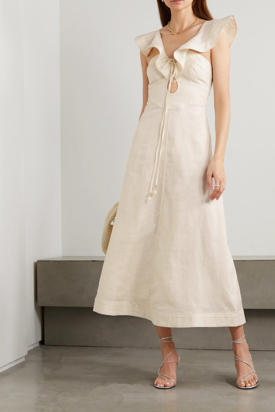 Zimmermann Halcyon cutout ruffled shell-embellished linen in cream