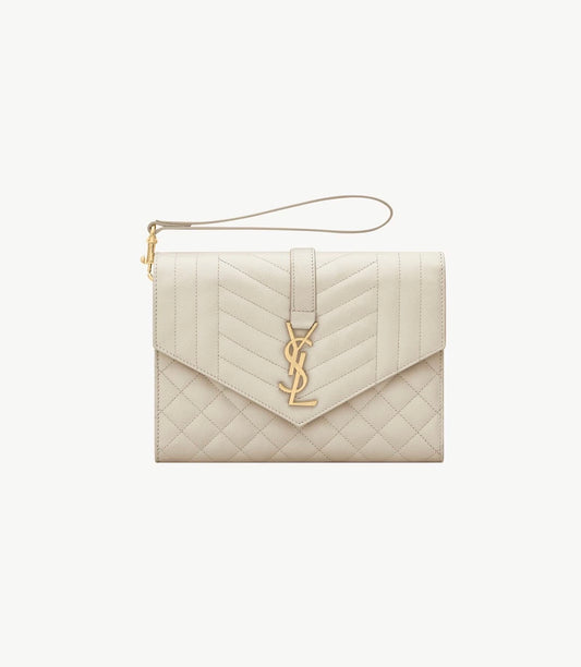 YSL Saint Laurent Envelope Flap Pouch in Mix Matelassé Grain de Poudre Leather Blanc Vintage
