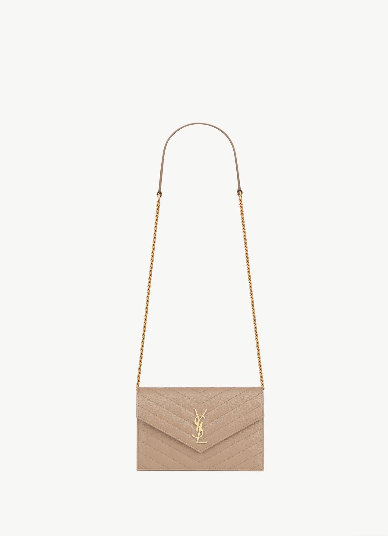 YSL Saint Laurent Cassandre Envelope Chain Wallet in Grain de Poudre Leather - Dark Beige