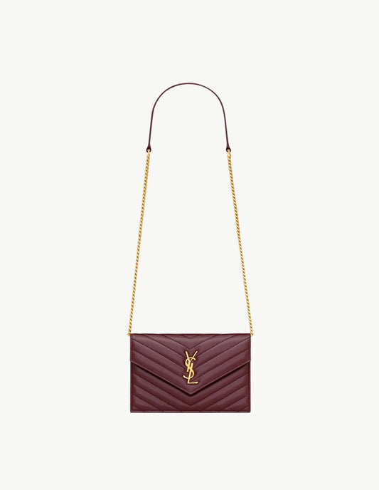 YSL Saint Laurent Cassandre Envelope Chain Wallet in Lambskin Rouge Cabernet