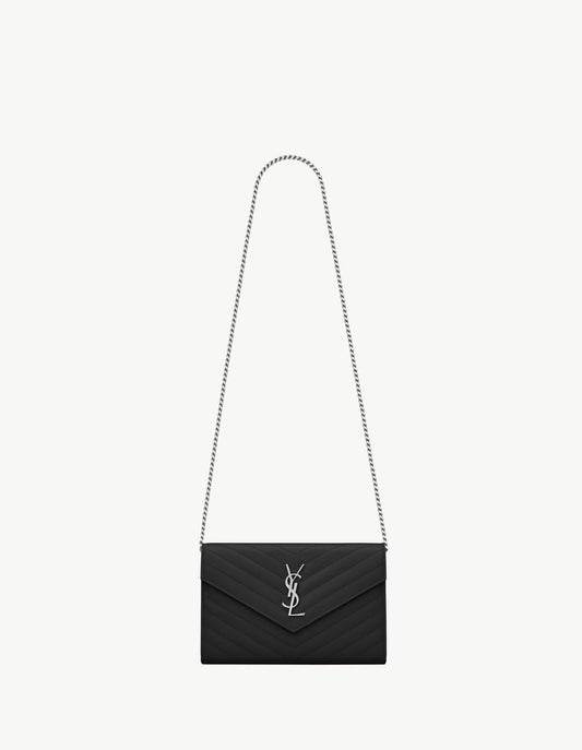 YSL Saint Laurent Classic Cassandre Chain Wallet in Grain de Poudre Leather Black