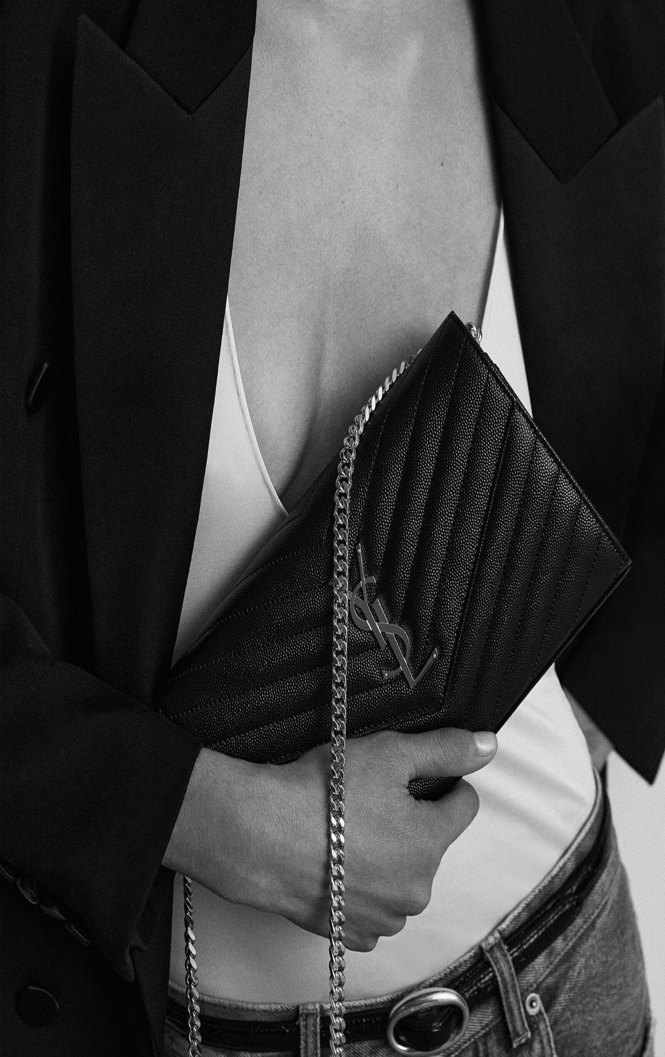 YSL Saint Laurent Classic Cassandre Chain Wallet in Grain de Poudre Leather Black