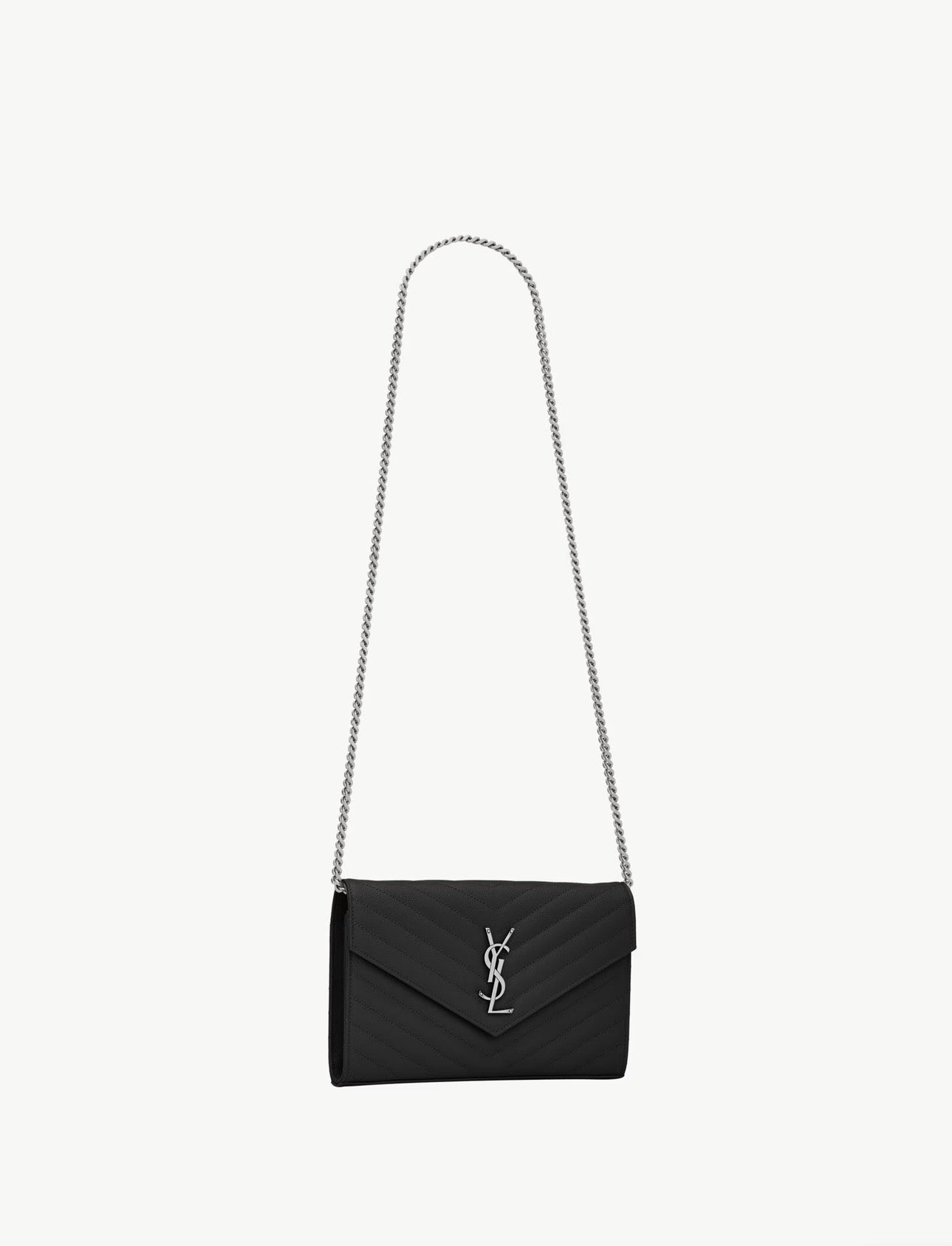 YSL Saint Laurent Classic Cassandre Chain Wallet in Grain de Poudre Leather Black
