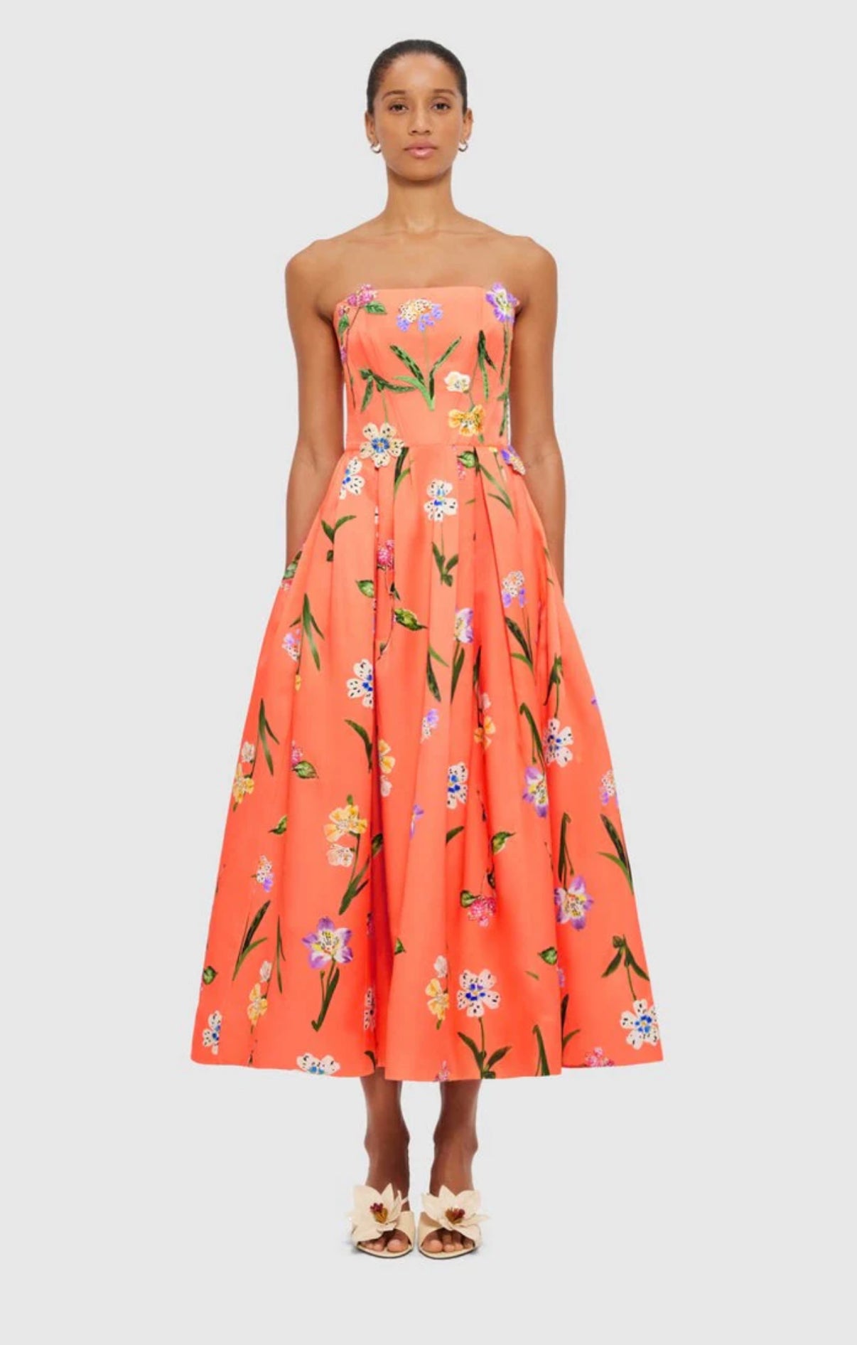 Leo Lin Lynn Bustier Midi Dress - Wild Flower in Coral