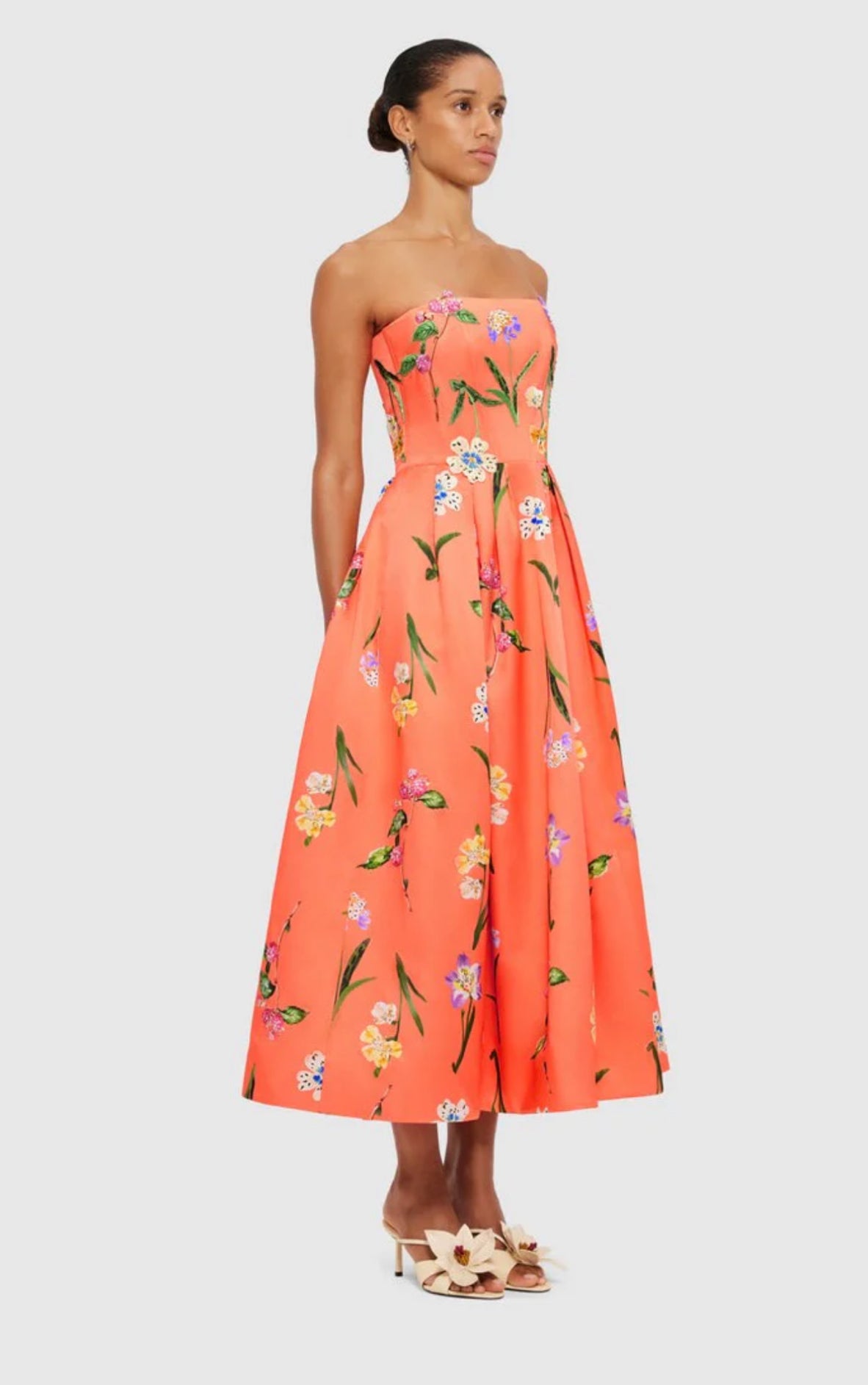 Leo Lin Lynn Bustier Midi Dress - Wild Flower in Coral
