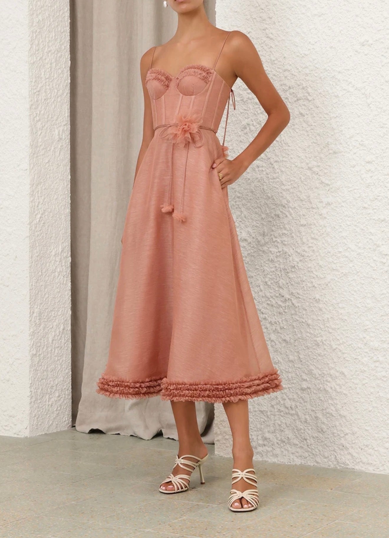 Zimmermann Luna Ruffle Midi Dress in Peony