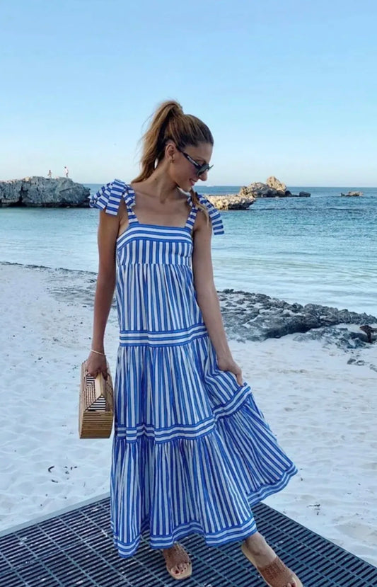 Zimmermann Verity Striped Tiered Maxi Dress Blue & White